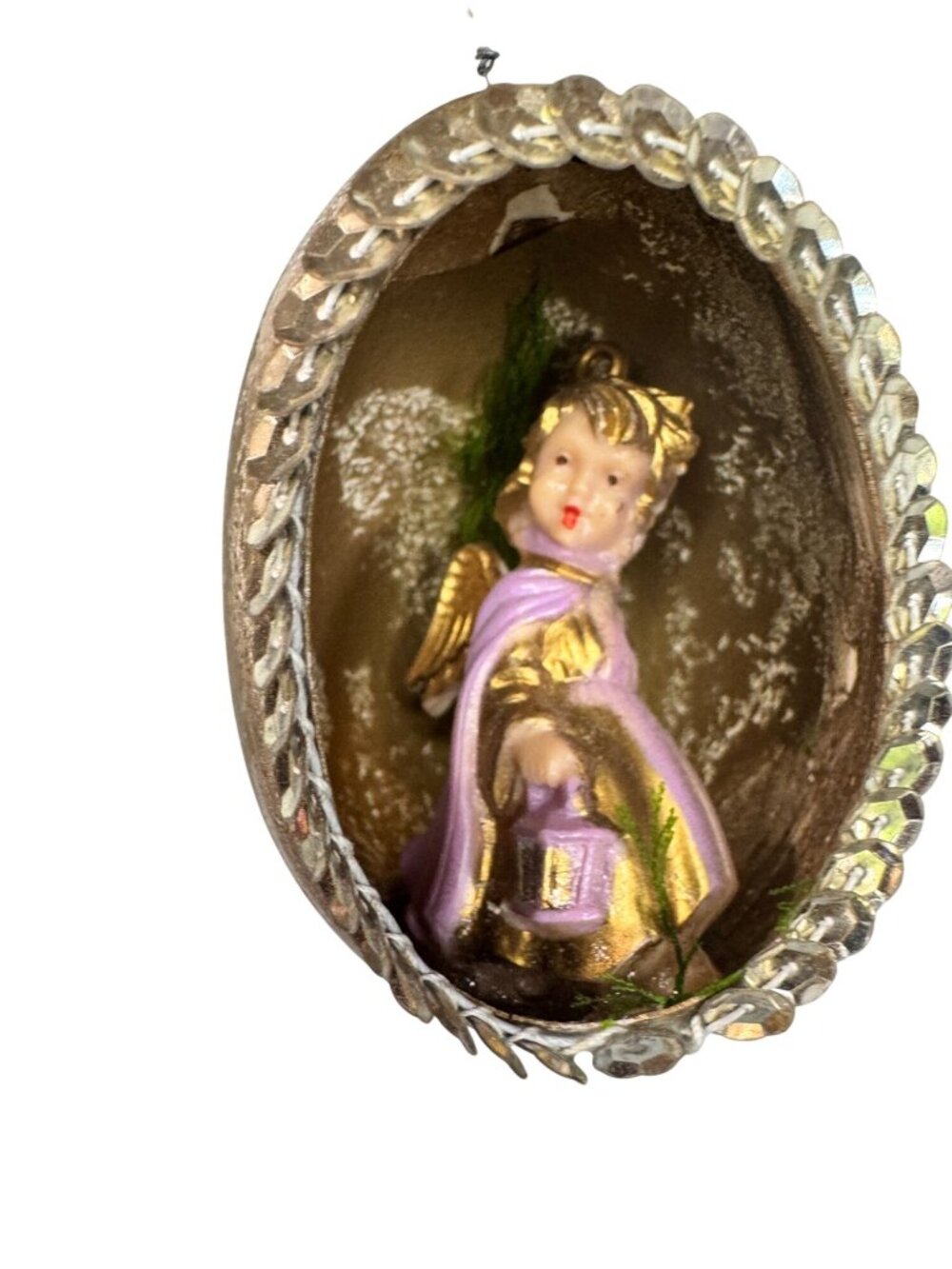 Vintage Eggshell Diorama Lantern Angel Ornament Silver Trim 2" - Picture 3 of 5